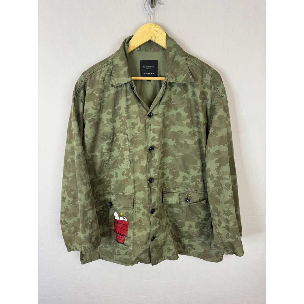 Zara Peanuts Snoopy Camo Utility Jacket Green Camouflage Mens M Shirt Jacket